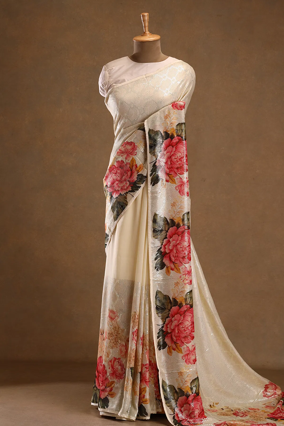 Cream sequins embroidered georgette designer